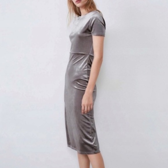 Zara Women S Taupe Grey Metallic Velvet Side Slit Fitted Bodycon Midi Dress NWT - Picture 2 of 12